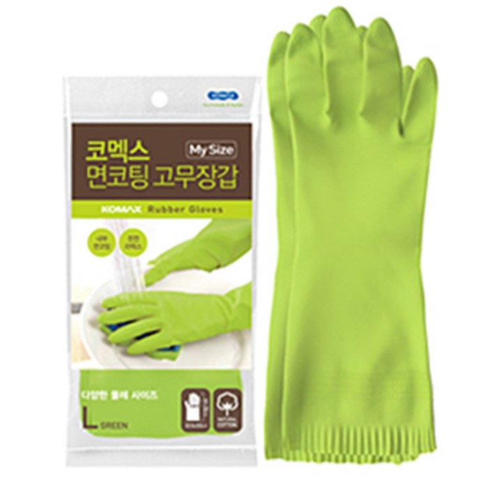 코멕스 1년 마이사이즈 면코팅 고무장갑, 그린, 대(L), 15개