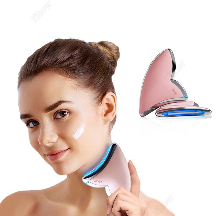 Kiboer 괄사 마사지기 갈바닉 온열 케어 LED광테라피주름 개선 넥케어 가정용 핑크, Kiboer-137