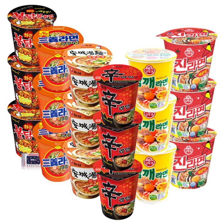 오뚜기 농심 삼양 소컵라면 6종 18개입 (진라면 매운맛3 + 참깨라면3 + 신라면3 + 안성탕면3 + 삼양라면 3 + 불닭볶음면3) + 블루존물티슈, 1세트