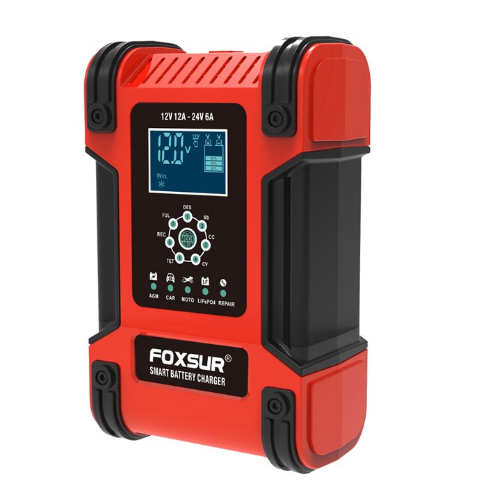 리키 FOXSUR 자동 배터리충전기 12A 펄스복원 12V12A 24V6A, 12A 레드