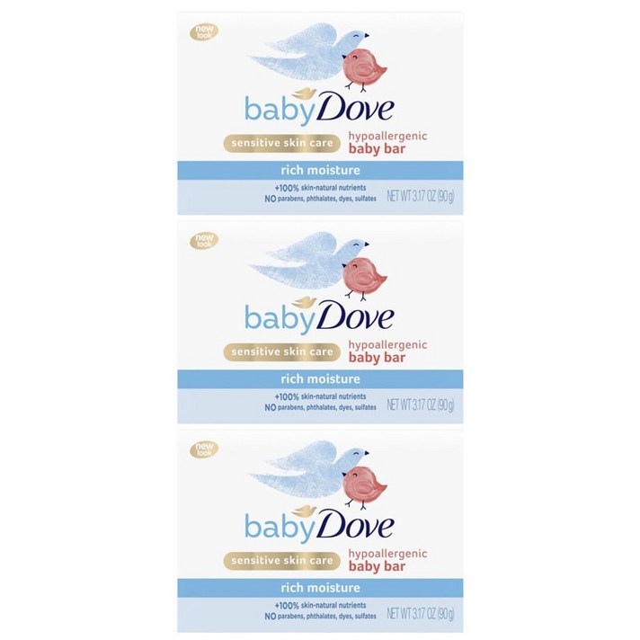도브 하이포알러제닉 베이비 바 유아비누 리치 모이스처, 90g, 3개