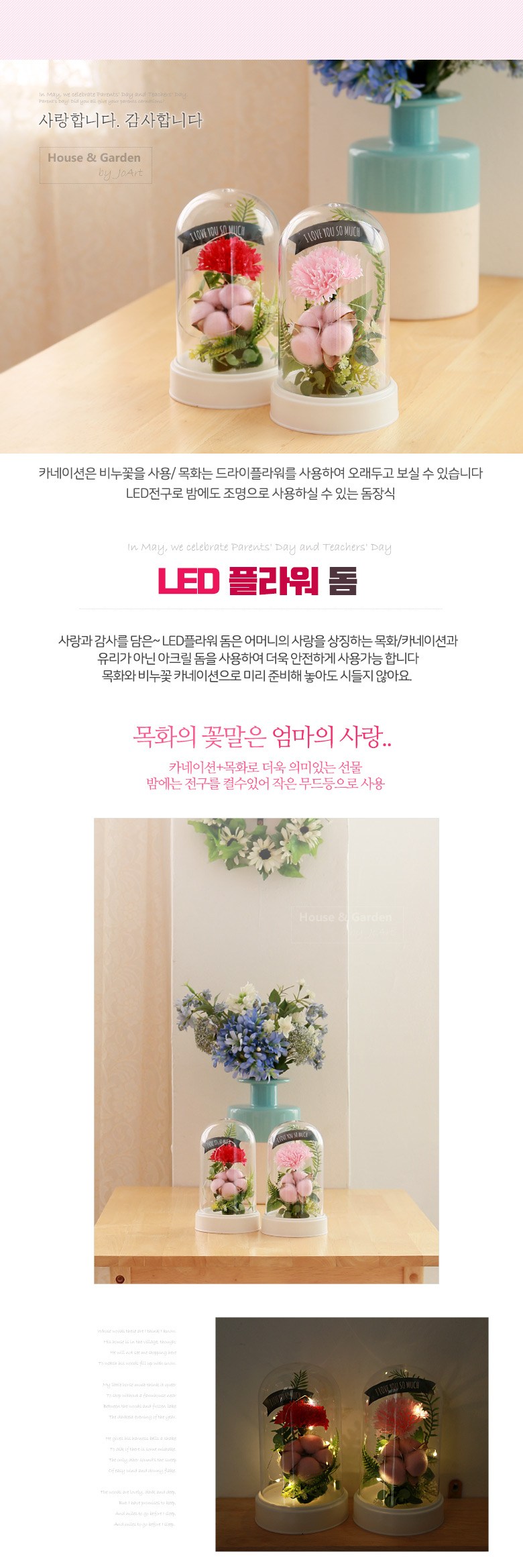 조아트 비누꽃 카네이션 LED 플라워 돔, 레드