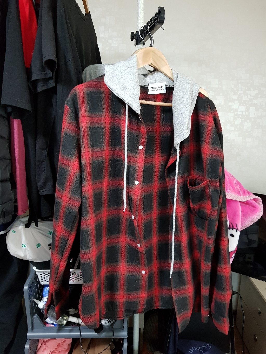 티데일리 오버핏 블랙홀 박시핏 체크 후드 남방 셔츠
