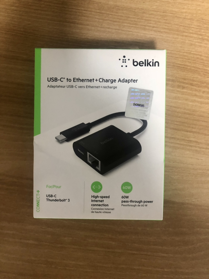벨킨 USB-C to 이더넷 C타입 60W D 충전 어댑터 기가비트지원 썬더볼트3 환 젠더 INC001