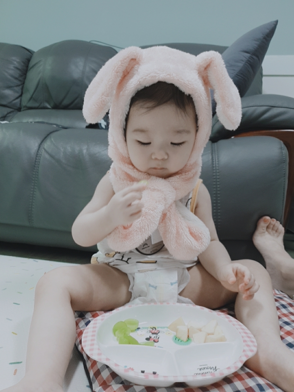 점핑박스 유아동용 토끼 인조밍크 모자머플러