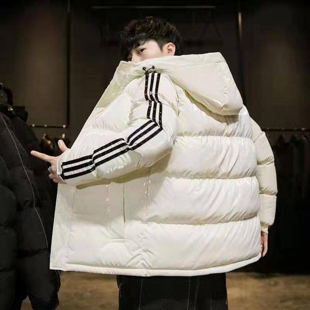 [TTiiHot QC-WKS] 겨울 패딩 남성 캐주얼 화이트 오리털 후드 도톰하고 밝은 느낌의 스트라이프 코트