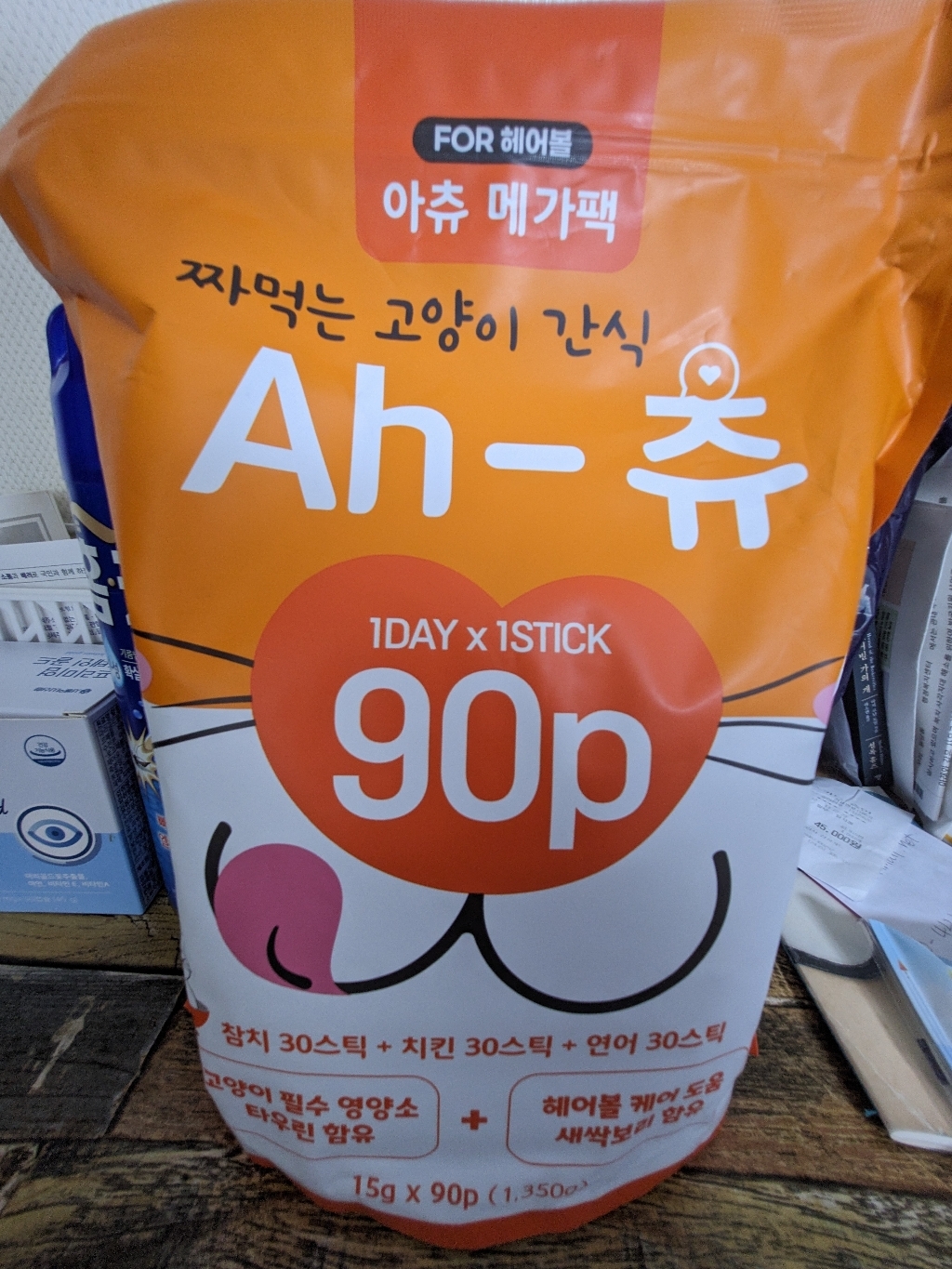 아츄 헤어볼 방지 짜먹는 츄르 고양이간식 3가지맛 90p, 1팩, 1.35kg, 연어 30p + 닭고기 30p + 참치 30p