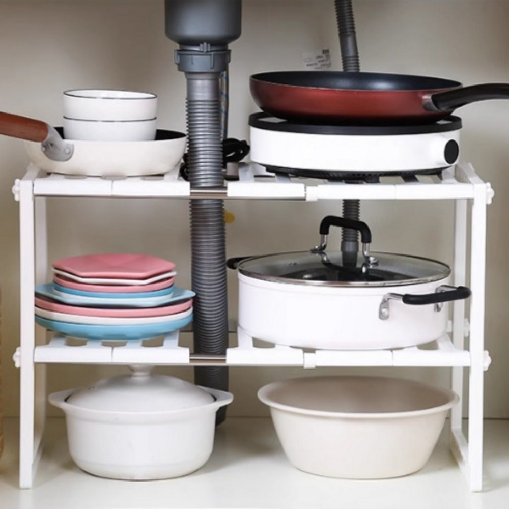 길이조절로 공간활용을 극대화하는 튼튼한 스테인리스 싱크대 하부장 정리대