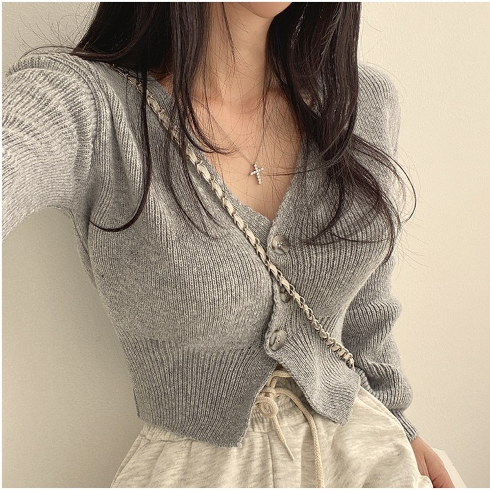 45. VERIT 모노톤 V슬림 니트 숏 크롭 가디건