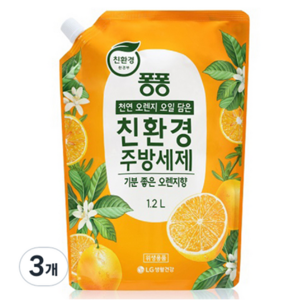 LG생활건강 퐁퐁 친환경주방세제 오렌지향 리필 1.2L, 4개