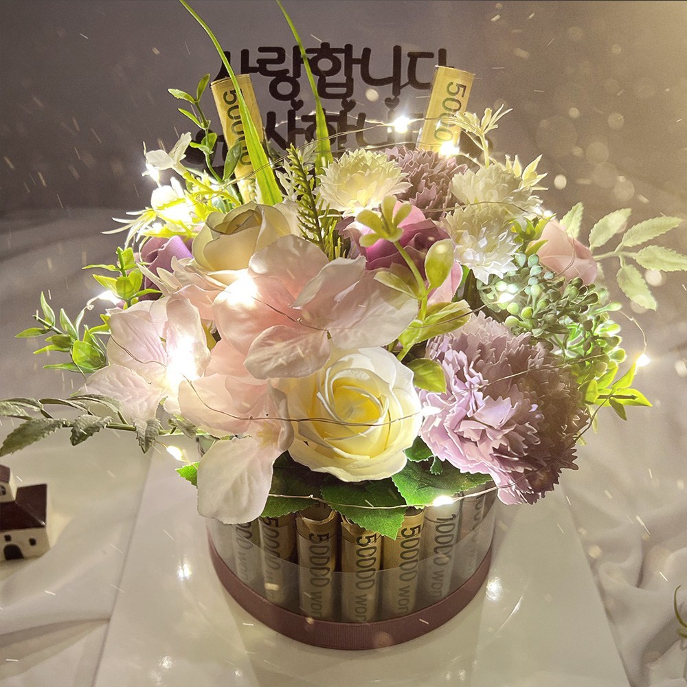 라비나 LED 비누꽃 용돈케이크 어버이날 부모님선물 용돈박스 꽃 기념일 칠순 생신 생일선물, 핑크, 1개