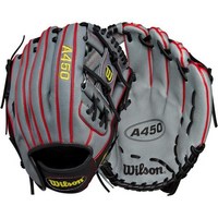 윌슨 A450 좌우 우투 야구 글러브 131615, 11.5", Grey/Red/Black, Left Hand Throw, Grey/Black/Yellow