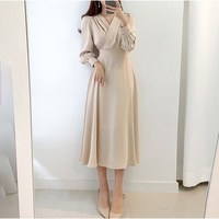 여성용 시폰 V넥 주름 긴팔 하객 원피스 One-piece dress D9311