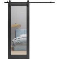 SARTODOORS 사르투도어 견고한 헛간문 32 x 80인치 루시아 1299 매트 블랙 with 미러 6.6FT 레일 행거 헤비 하드웨어 세트 솔리드 패널 내부 도어 Q105, 32" x 80"