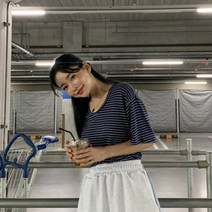 시크블랙 여성용 드레미 스트라이프 린넨 티셔츠 T7178K16