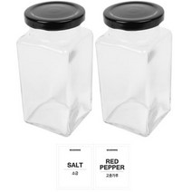 홈앤라이프 유리 양념통 사각 블랙캡 300g 2p 세트, 1세트, 양념통 사각 2p + 투명스티커(소금 + 고춧가루)