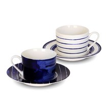 골든벨 메르시 블루 커피잔 2인조 세트, 스트라이프. 라운드, 1세트
