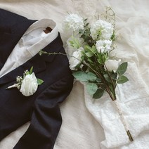 아스파시아 조화 메리미 로즈 셀프웨딩 촬영 소품 2종 세트 부케 + 부토니에, 화이트