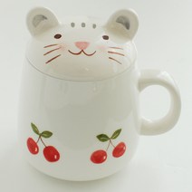모이내츄럴 동물 뚜껑 머그컵 390ml, 고양이 + 체리, 1개