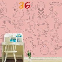 유니크 만능 점착 뮤럴 벽지 6p, 동물36마리 로즈핑크