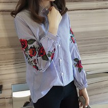 수맘 여성용 로즈 스트라이프 롱 플라워 자수 셔츠