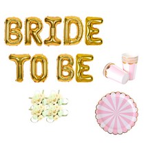 브라이덜샤워 소품 패키지 BRIDE TO BE 풍선 골드 + 꽃팔찌 미니로즈 피치 4p + 테이블웨어 핑크, 혼합색상, 1세트