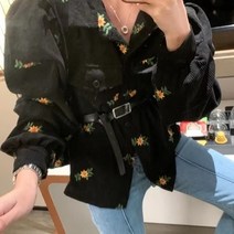 비비에모 여성용 빈티지 꽃무늬 자수 코듀로이 볼륨 셔츠 00495