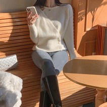 페이퍼먼츠 여성용 봄 가을 언발란스 라운드넥 버튼 긴팔 스웨터 01196