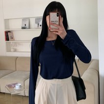 시크블랙 여성용 보베른 루즈핏 U넥 여리 긴팔 티셔츠 T8745K21