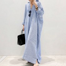 민성컴퍼니 언밸런스 린넨 셔츠 스트라이프 임부 롱원피스