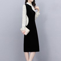 아뗄릭 빅사이즈 헨리넥 레이스 소매 블랙 H라인 원피스 00594