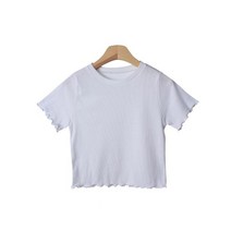 시크블랙 여성용 나니레 크롭 라운드넥 물결 반팔 티셔츠 T9155K23