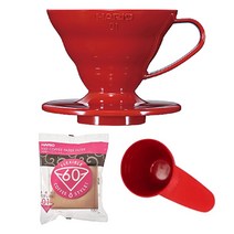 하리오 V60 PP 핸드 드립 1~2인용 드리퍼 VD-01R + 여과지 VCF-01-100M 100p+ 계량스푼 세트, 레드(드리퍼), 브라운(여과지), 1세트