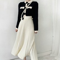 비비에모 플라워 단추 더블포켓 퀼팅 가디건   플리츠 롱 스커트 투피스 세트 01735