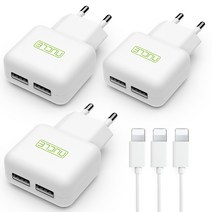 뉴클 2.1A USB 2포트 가정용 충전기 + 8핀 케이블 1m 세트, 3세트, 화이트