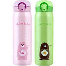해피베어 원터치 보온보냉병 500ml x 2종 세트, 핑크, 그린