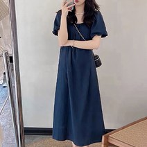 엘쏘 셔링 라운드넥 루즈핏 롱 원피스