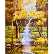 케이엠엘리 원형 큐빅 3D 보석십자수 DIY 키트 캔버스 액자 일체형 40 x 50 cm, 황금빛폭포수길, 1개