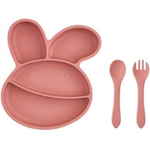 아띠래빗 아동용 아기 토끼 흡착 식판 + 스푼 + 포크 세트, 1세트, 드라이로즈