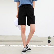 빼빼 여성용 밴딩 스트링 라벨패치 포켓카고 반바지