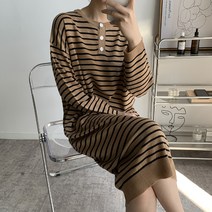 츄즈츄즈 여성용 오버 루즈핏 단가라 버튼단 OPS 스트라이프 롱 원피스