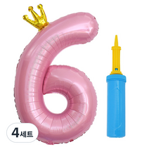 제이벌룬 은박 왕관 숫자풍선 대 6 + 손펌프세트, 핑크(풍선), 블루(손펌프), 4세트