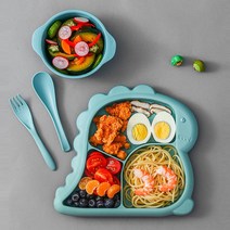 귀여운 아기 공룡 유아 식기 세트, 민트, 식판 + 숟가락 + 포크 + 국그릇