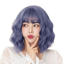 하이유니 물결 펌 헤어 단발 통가발 가발 35cm + 가발망 + 거치대 세트, 애쉬블루