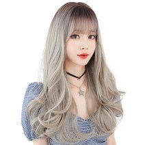 하이유니 투톤 그레이스 펌 헤어 긴머리 통가발 가발 58cm + 가발망 + 거치대 세트, 애쉬화이트 + 와인