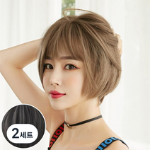 하이유니 볼륨 펌 숏컷 짧은머리 통가발 28cm + 가발망 + 거치대 세트, 챠콜블랙(가발), 랜덤발송(거치대), 2세트