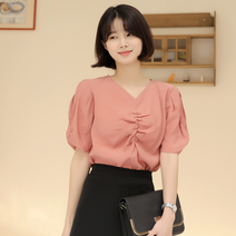 빼빼 여성용 셔링디테일 퍼프소매 반팔 블라우스