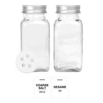홈앤라이프 유리 양념통 사각 전용캡 180g 2p 세트, 1세트, 유리 양념통 2p + 투명스티커 (굵은소금 + 참깨)