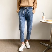 헤이진 여성용 스판 배기 밴딩 청바지