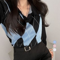 밀키버터 여성용 아가일 크롭 카라 니트